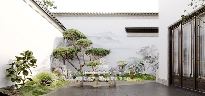 院墙的高度在五米左右，设计师需要削弱墙体的压迫感，还庭院以开阔。